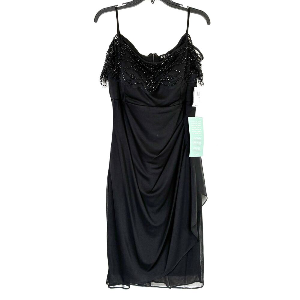 DJ-Jaz Black Off-The-Shoulder Beaded Draped Cocktail Dress Sexy NWT Womens 16